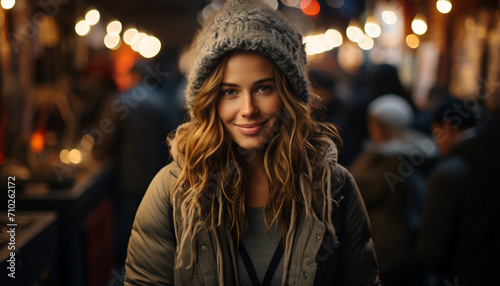 Smiling woman in winter, looking at camera generated by AI © Jemastock