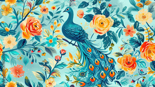 Vintage Hand drawn and Hand Painted Retro Vintage Style Fine Art canvas for wallpaper and background with Colorful Peacocks, birds, Flowers and plants, Nature-inspired and floral botanical, ornamental