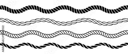 Rope wave set. Repeating hemp cord line collection. Waving chain, braid, plait stripe bundle. Seamless decorative plait pattern. Vector marine twine design elements for banner, poster, frame