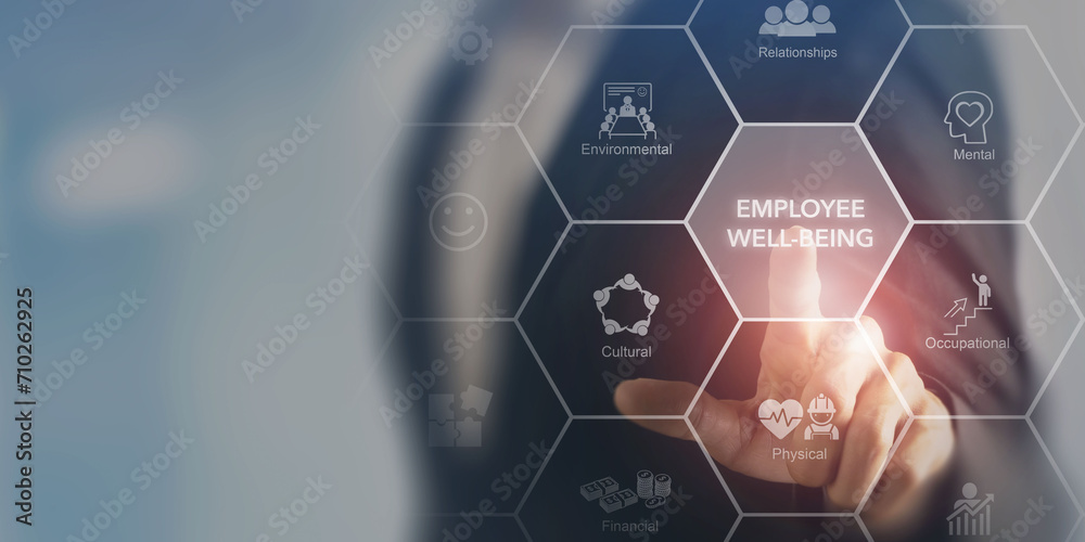 Employee wellbeing concept. Creating employee benefits and satisfaction programs. Fostering a positive work culture and employee engagement. The physical, mental and emotional health of employees. - obrazy, fototapety, plakaty 