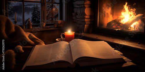 reading a book, reading a book by a cozy fireplace, Person reading magical book with warm and cozy fireplace, Fireside relaxation Open book, Coffee and books by the fireplace, Generative AI