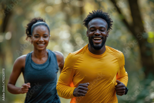 The radiant smiles of a middle-aged couple engaged in a jogging workout