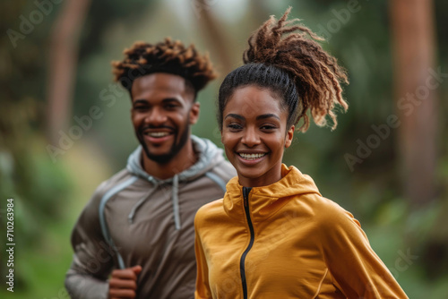 The radiant smiles of a middle-aged couple engaged in a jogging workout