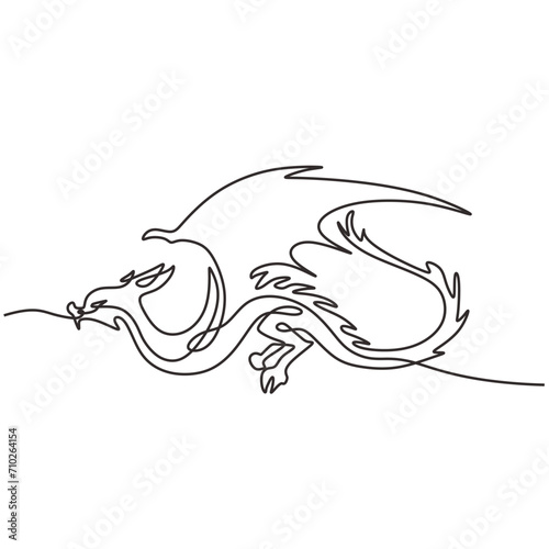 Fairy dragon in continuous one line. Magic flying scandinavian concept drawing. Vector illustration isolated. Minimalist design handdrawn.