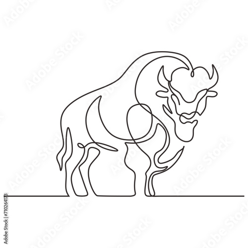 Continuous line drawing of American Bison. Buffalo animal standing. Wildlife concept. Vector illustration isolated. Minimalist design handdrawn.