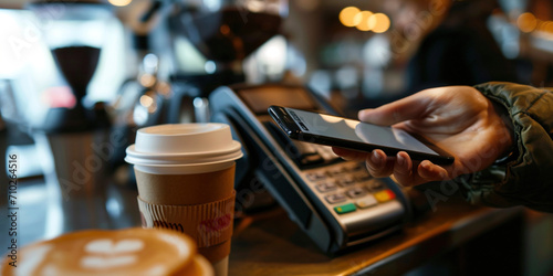 Close up of a woman's hand paying bill with credit card contactless payment on smartphone in a cafe, scanning on a card machine. Electronic payment. Banking and NFC wireless technology concept
