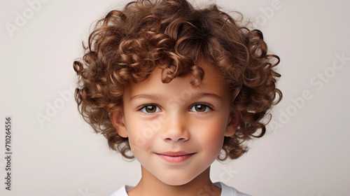 The Spirals of Innocence  A Curly-Haired Young Boy Captured in a Crisp White Shirt