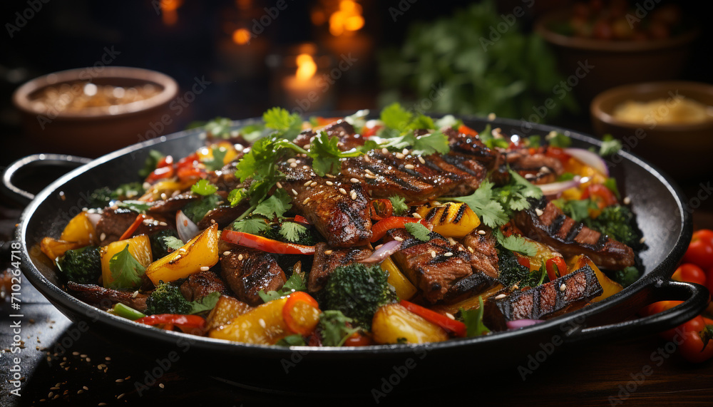 Grilled meat and vegetables on a rustic homemade wooden plate generated by AI