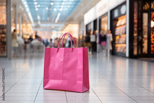 Pink simple shopping paper bag with purchases lie on floor of huge shopping center. Mall discounts, good purchases. Indoor studio shot. Shopping and sale concept. Black Friday.