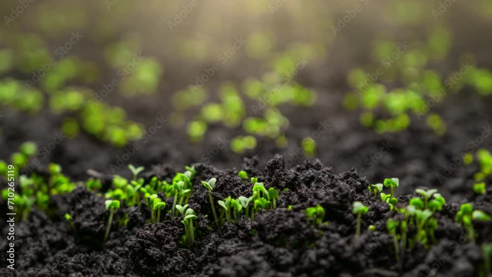 Young Sprouts Sprout From The Soil In Accelerated Time. Spring Scene. Growing Vegetables and Fruits. Natural Farming in the Greenhouse. Young Sprouts Sprout From The Soil In Accelerated Time. Spring Scene. Growing Vegetables and Fruits. Natural Farming in the Greenhouse.