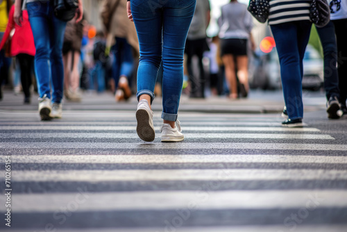 crowd people walking on crosswalk in the city street . Generative AI