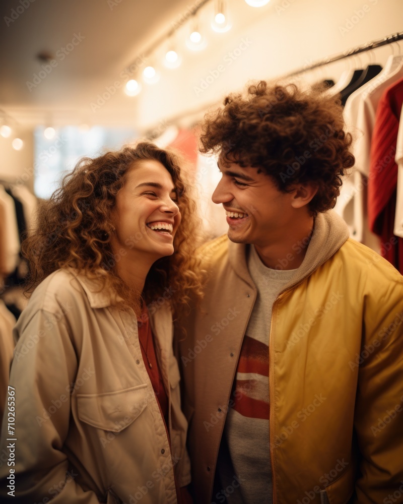 A young couple smiling in front of clothes in a department store. Generative AI.