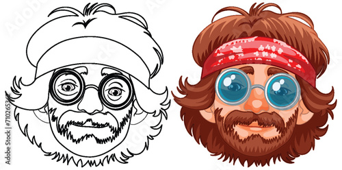 Two stylized male faces with vintage hippie accessories.