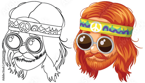 Colorful hippie with beard and round sunglasses.