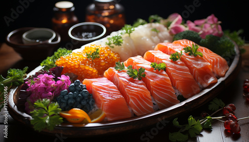 Fresh seafood meal, gourmet sashimi lunch on close up plate generated by AI