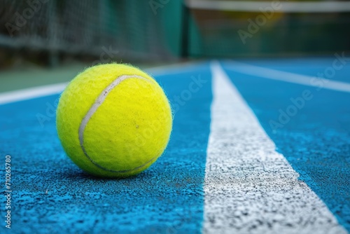 tennis ball on the line court . generative ai © Phichitpon