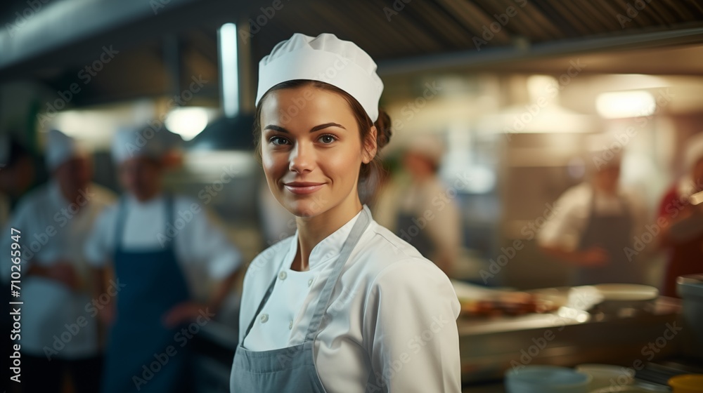 Smiling Female Chef in Professional Kitchen. Smiling Female Chef in Professional Kitchen.