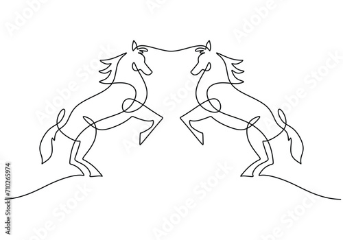 Two horses one continuous line art drawing. Vector illustration isolated. Minimalist design handdrawn.
