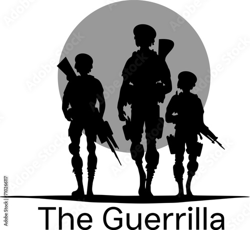 Silhouette illustration of a guerrilla army. Black and white army themed t-shirt design