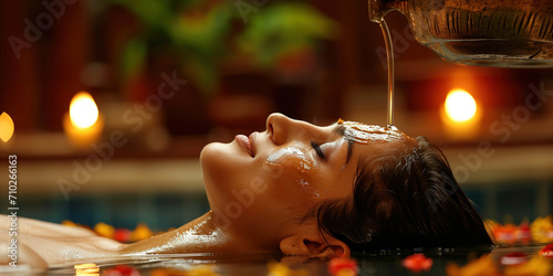 Young Indian woman lying on the table and getting ayurvedic massage with organic oil or honeyed in dark room. Care about yourself beauty treatment procedures concept. Body skin ayurveda hair care photo