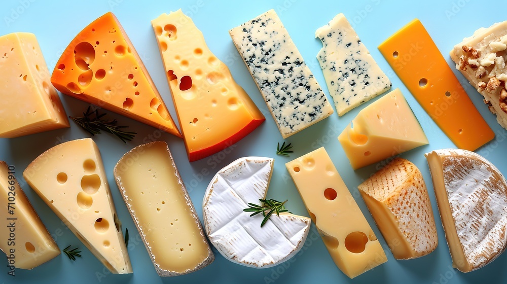 various types of cheese on a light concrete background - obrazy, fototapety, plakaty 