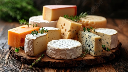 various types of cheese on rustic wooden table