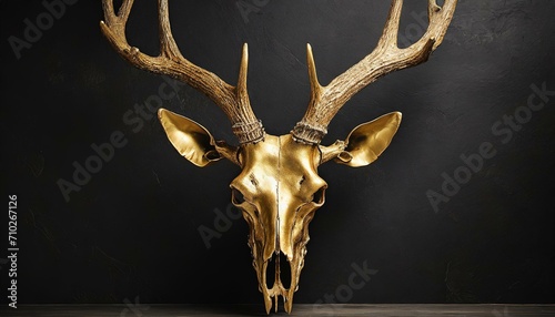 deer.a striking product photo that showcases a hyper-realistic posh gold deer skull with sharp antlers. Place it against a chic black wall and use studio lighting to bring out the intricate details, c