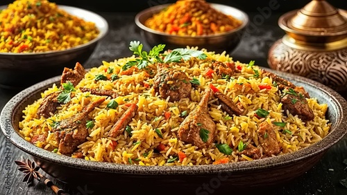 A plate of biryani rice with meat and vegetables, garnished with parsley.