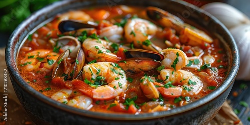 Cioppino Elegance - Symphony of Fresh Fish, Shellfish, and Savory Broth - Soul-Warming Culinary Experience - Cozy, Warm Lighting Embracing the Comfort - Close-up Shots Immersing Viewers