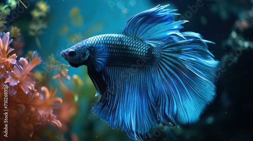 A stunning blue Betta fish displays a vibrant and colorful tail against a natural background