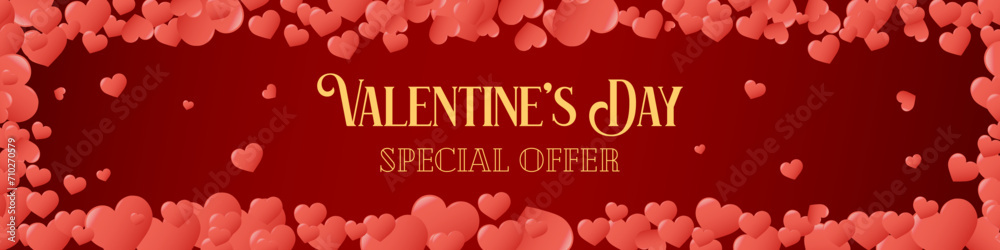 Valentines Day special offer banner template. Sale web advertising. Romantic design. Vector background. Cute hearts on red backdrop and text