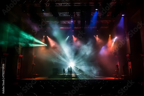 Theater setting with concert, stage lit by colored spotlights, and smoke