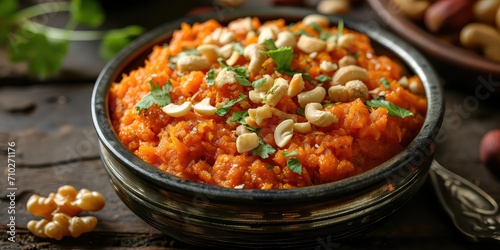 Gajar ka Halwa Elegance - Carrot Pudding, a Canvas of Ghee, Nuts, and Sweet Bliss - Feel the Warmth of this Flavorful Tapestry - Gajar ka Halwa Elegance Captured Visually - Soft, Warm Lighting