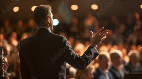 Softly focused on a professional speaker to an attentive audience in a conference room, showing and explaining