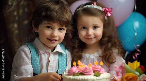 A little girl and a boy celebrate a birthday, a cake, colorful balloons. A children's party.