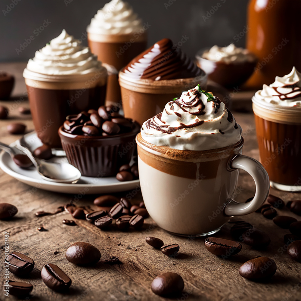 Assorted Coffe Cups with Whipped Cream and Chocolate Drizzle Assorted Coffe Cups with Whipped Cream and Chocolate Drizzle