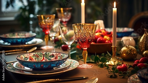 festive serving at the table.  glasses and plates are arranged neatly