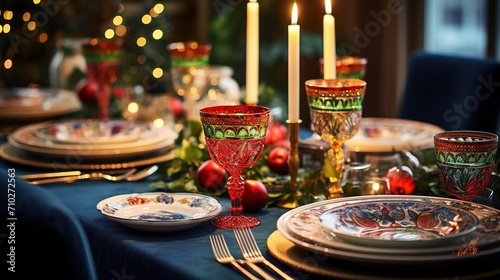 festive serving at the table. glasses and plates are arranged neatly