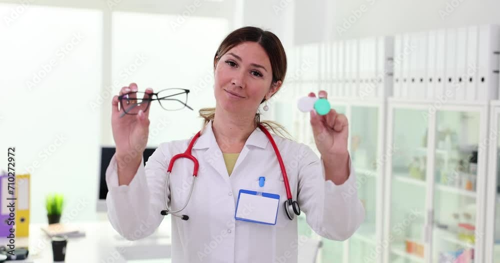 Smiling woman ophthalmologist holds glasses and lenses Smiling woman ophthalmologist holds glasses and lenses