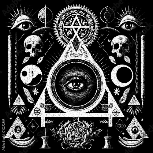 Occult symbols composition in dotwork style. Abstract mystic elements, Skull, candles and sacred triangle with eye in retro flat lay composition.