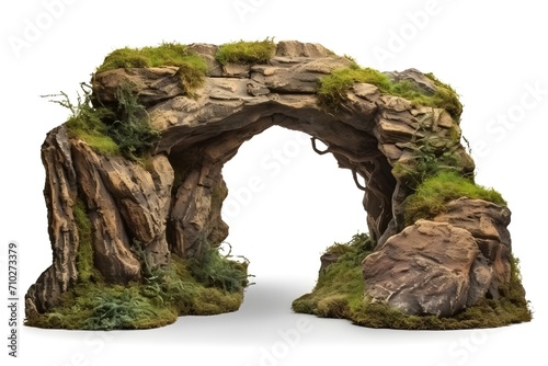 cut out woodland arch made of natural rock. Isolated stone arch against a white background. Old boulder and moss covered cave entrance