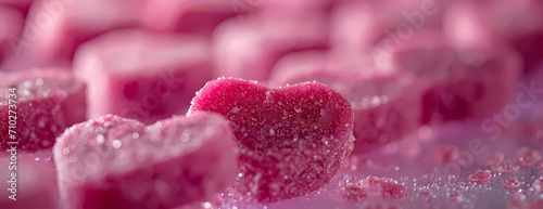 A close up pink heart shaped candy lays on a table
