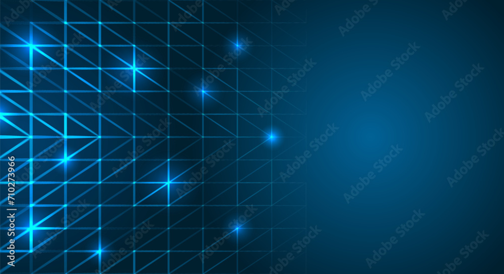 Abstract blue background made of triangles and glowing particles. Technological template for presentation. Modern vector geometric concept for banner.