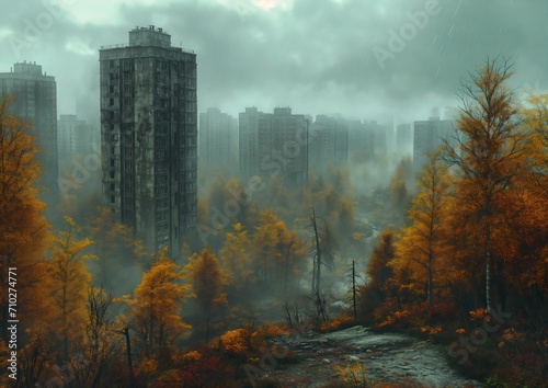 trees city tall buildings background fallout wasteland fading leaves communist rainy atmosphere panoramic nuclear fungus horror damaged necropolis sci photo