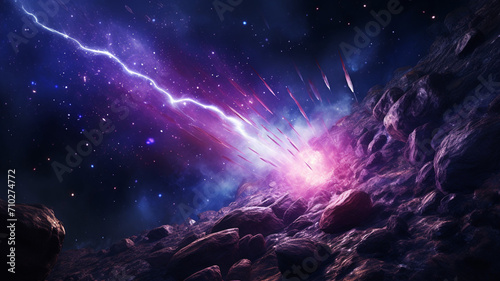 A dynamic space scene with a comet crackling with elegant light