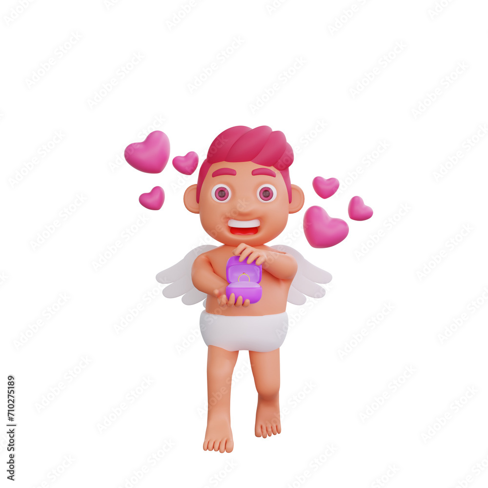 3D illustration of Valentine Cupid character holding a ring box