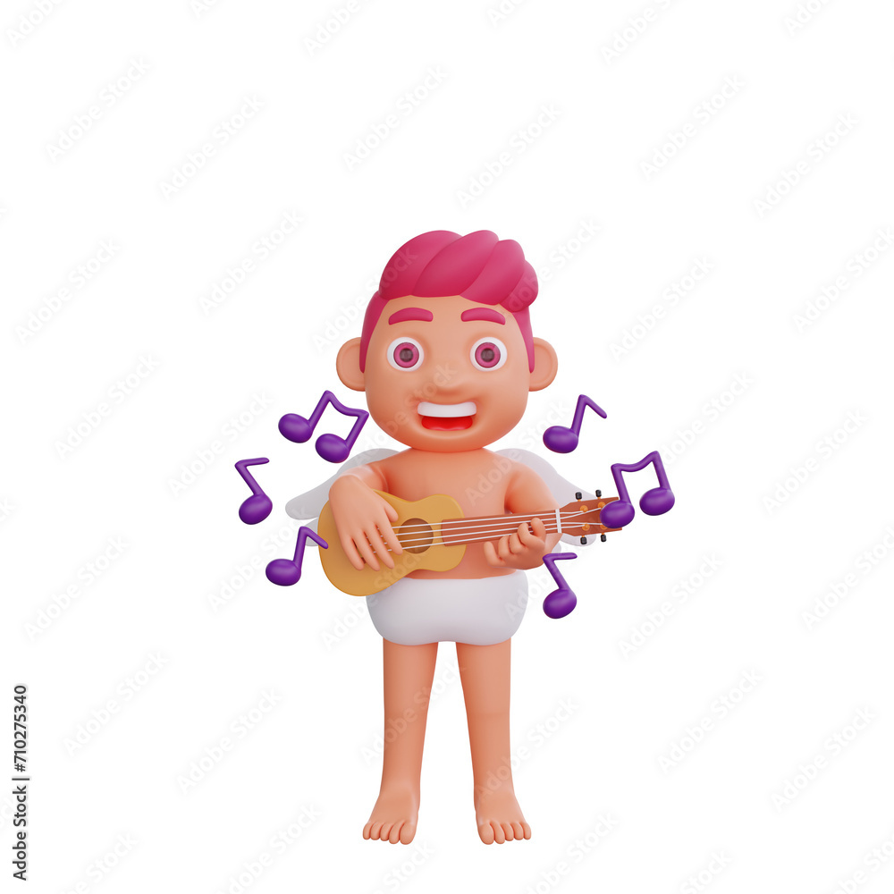 3D illustration of Valentine Cupid character playing a ukulele 3D illustration of Valentine Cupid character playing a ukulele