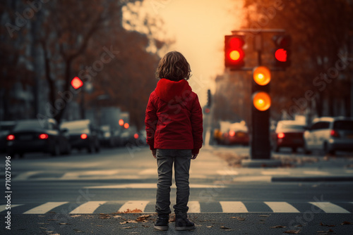 Back of child on road on crosswalk at red traffic light in city cars background. Dreaming kid go through road without looking at sides. Dangerous safety rules traffic law emergency situation concept photo