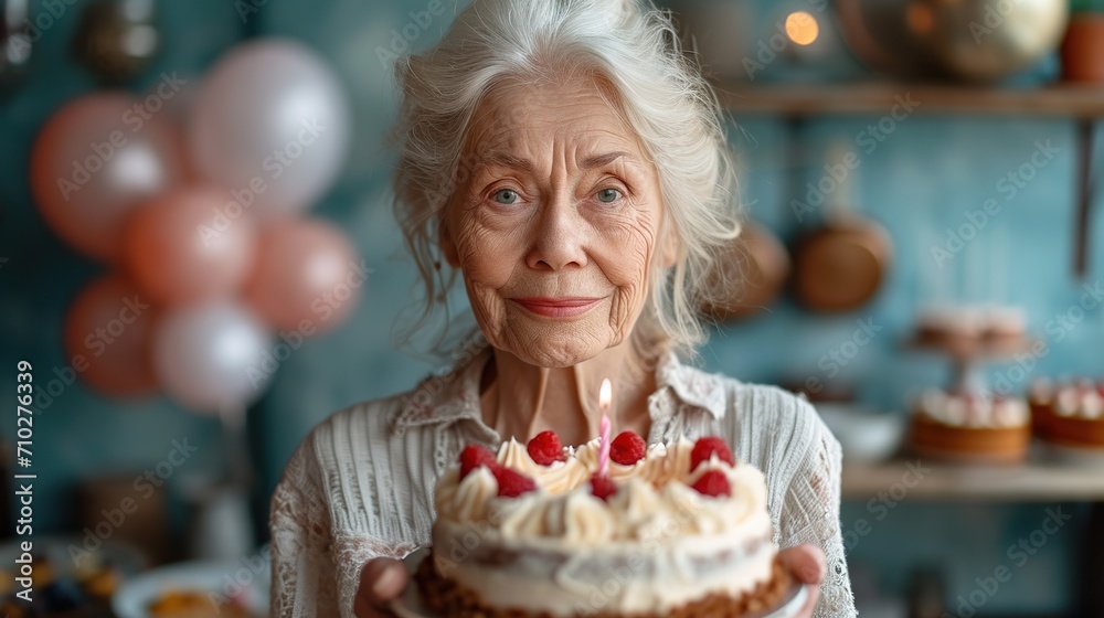 Good looking senior wrinkled woman celebrates birthday with birthday cake Good looking senior wrinkled woman celebrates birthday with birthday cake
