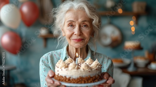 Good looking senior wrinkled woman celebrates birthday with birthday cake